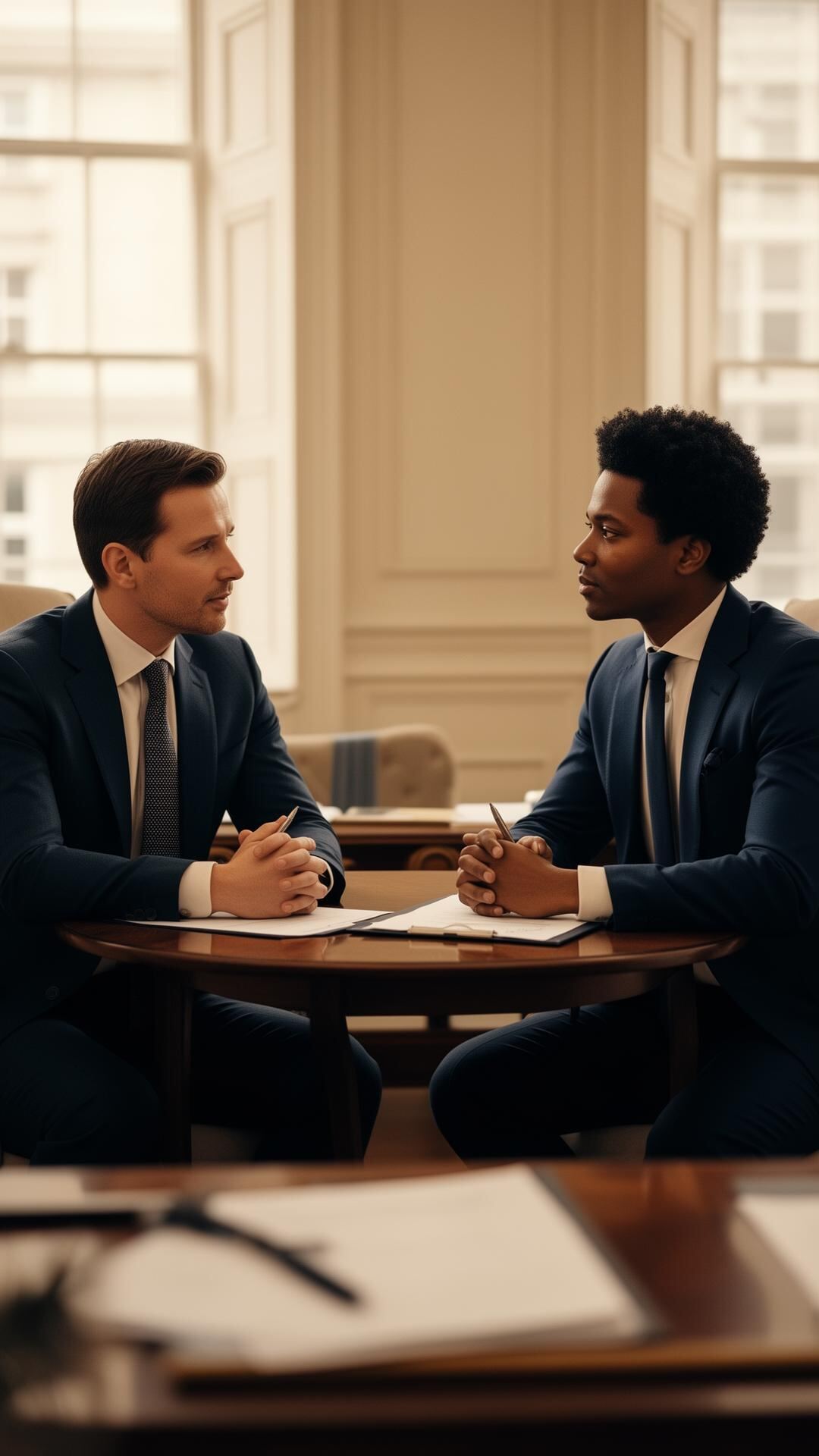 Two executives in conversation in a refined London office