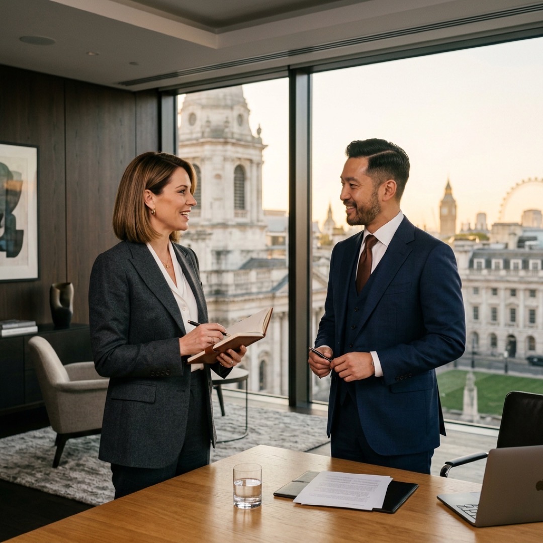 Two business professionals in attentive conversation in a refined London office, golden hour light through tall windows with classical English architecture beyond